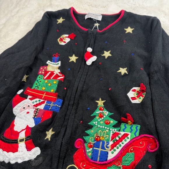 Tiara International Christmas Vintage Santa Sweater Full Zip Cardigan Women's L - Picture 2 of 6